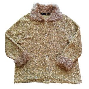 Vintage Yellow Faux Fur Trim Coat XL Y2K Textured Button Front Jacket Retro